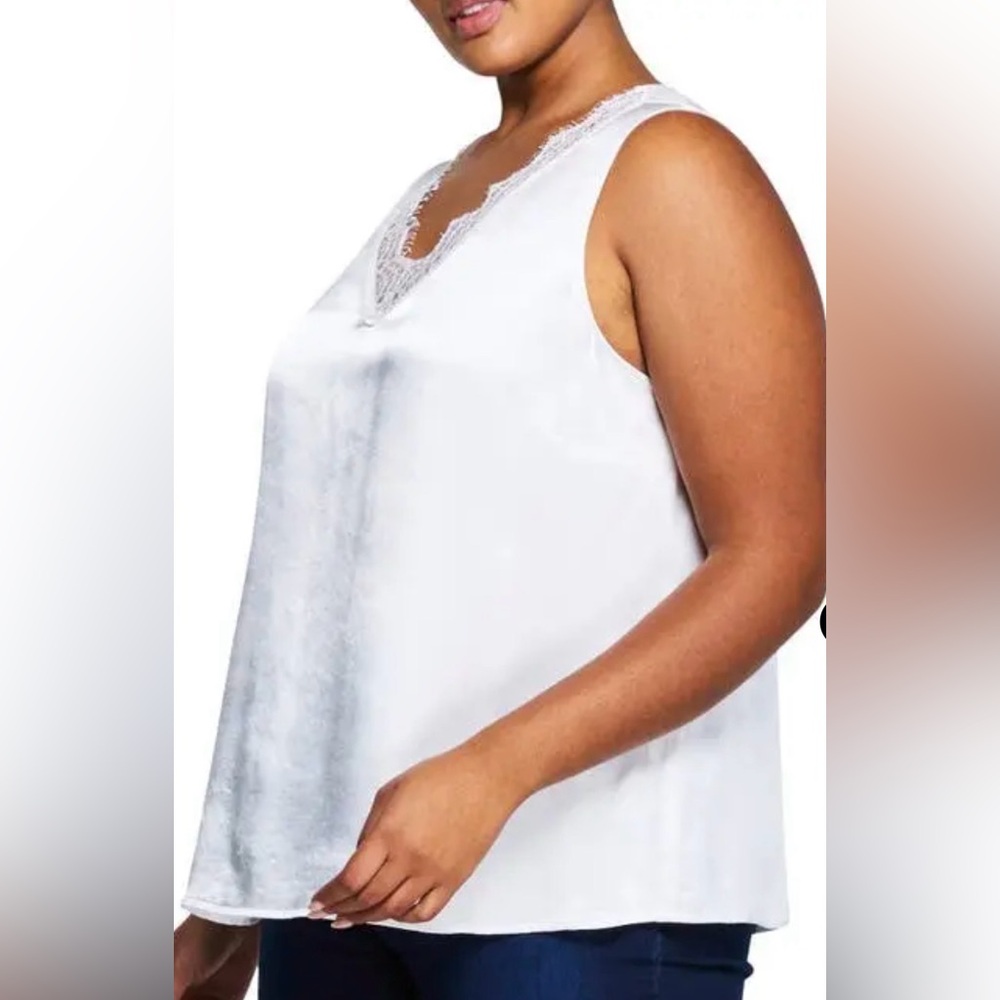 ESTELLE- Alessandra Lace Trim Satin Tank Top - Milk
